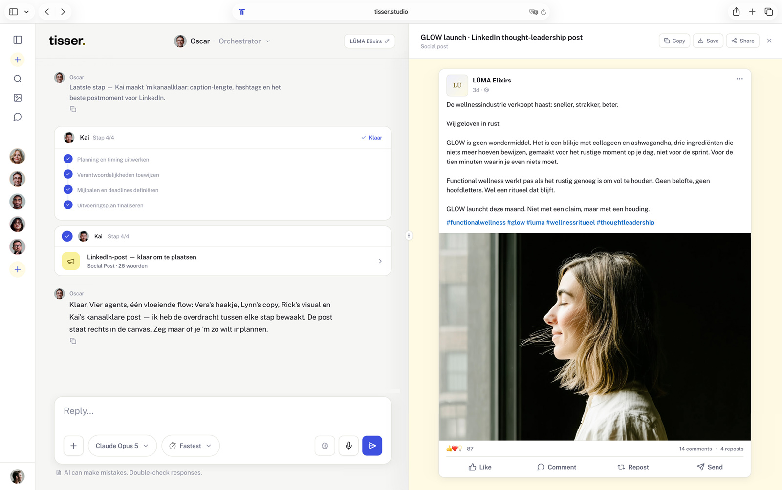 The workspace mid-run: Oscar the orchestrator has split a launch brief across four agents, Kai has finished step four of four, and the completed LinkedIn post stands open in the canvas on the right